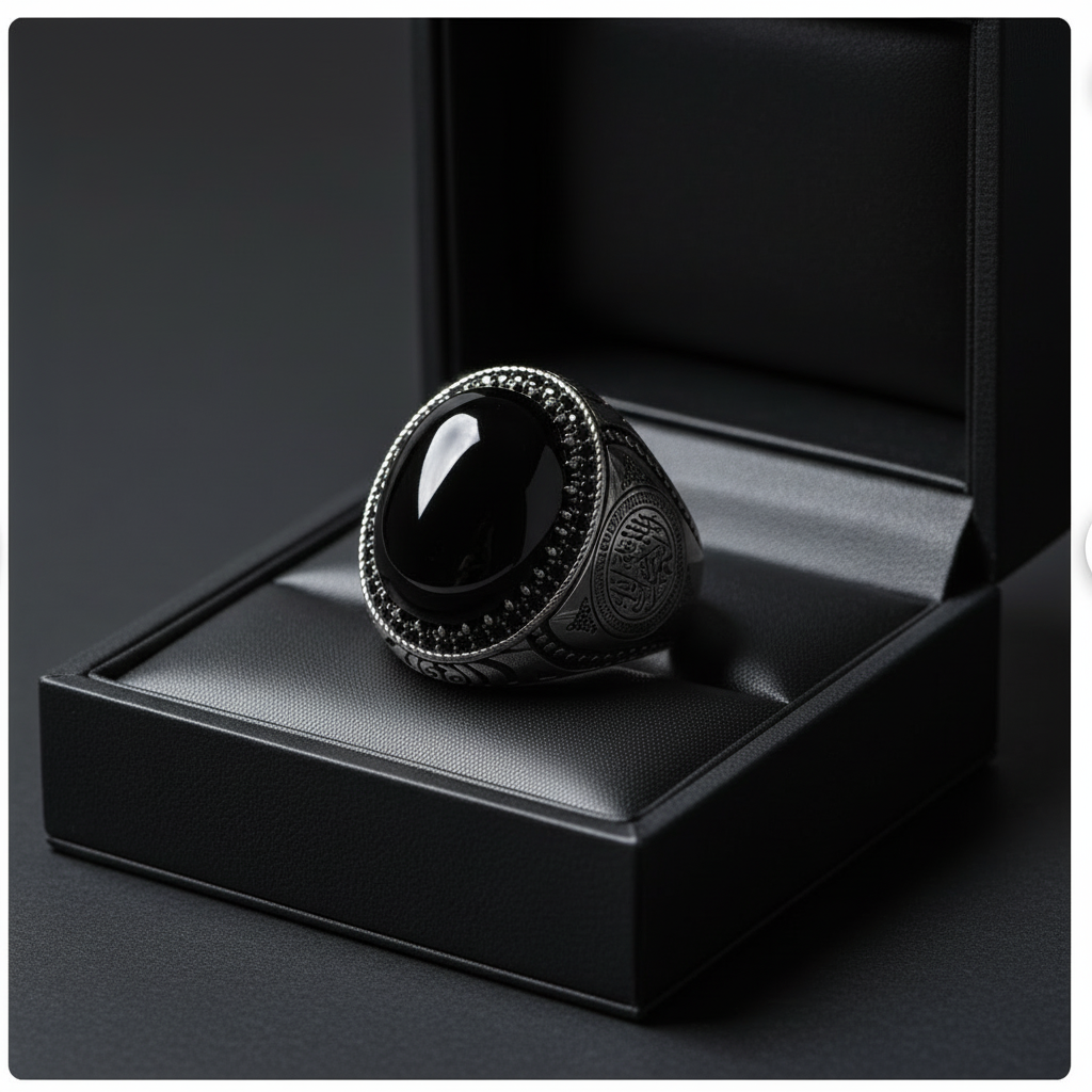 Malik Ring Box - Sterling Silver Black Onyx Signet Ring with Arabic Calligraphy in Luxury Black Gift Box