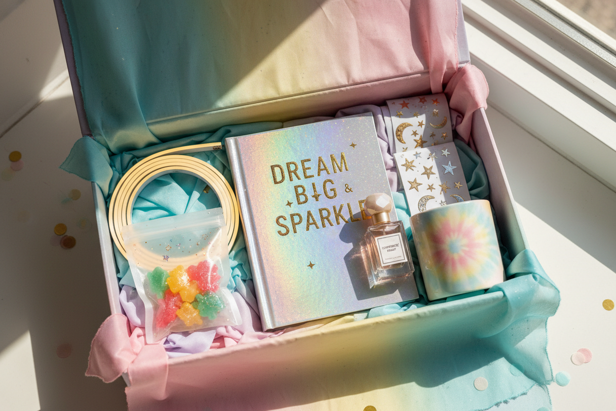 Fajr Bloom Youth Luxury Gift Box with journal, mini perfume, LED light, candle and snack