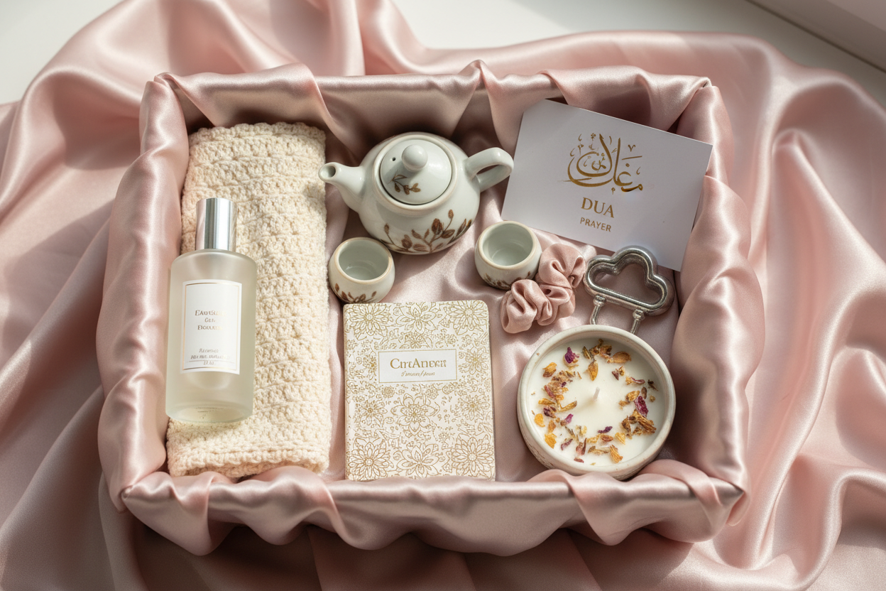 Mother and Baby Luxury Gift Box with herbal tea, journal, body mist, baby keepsake, candle and dua card