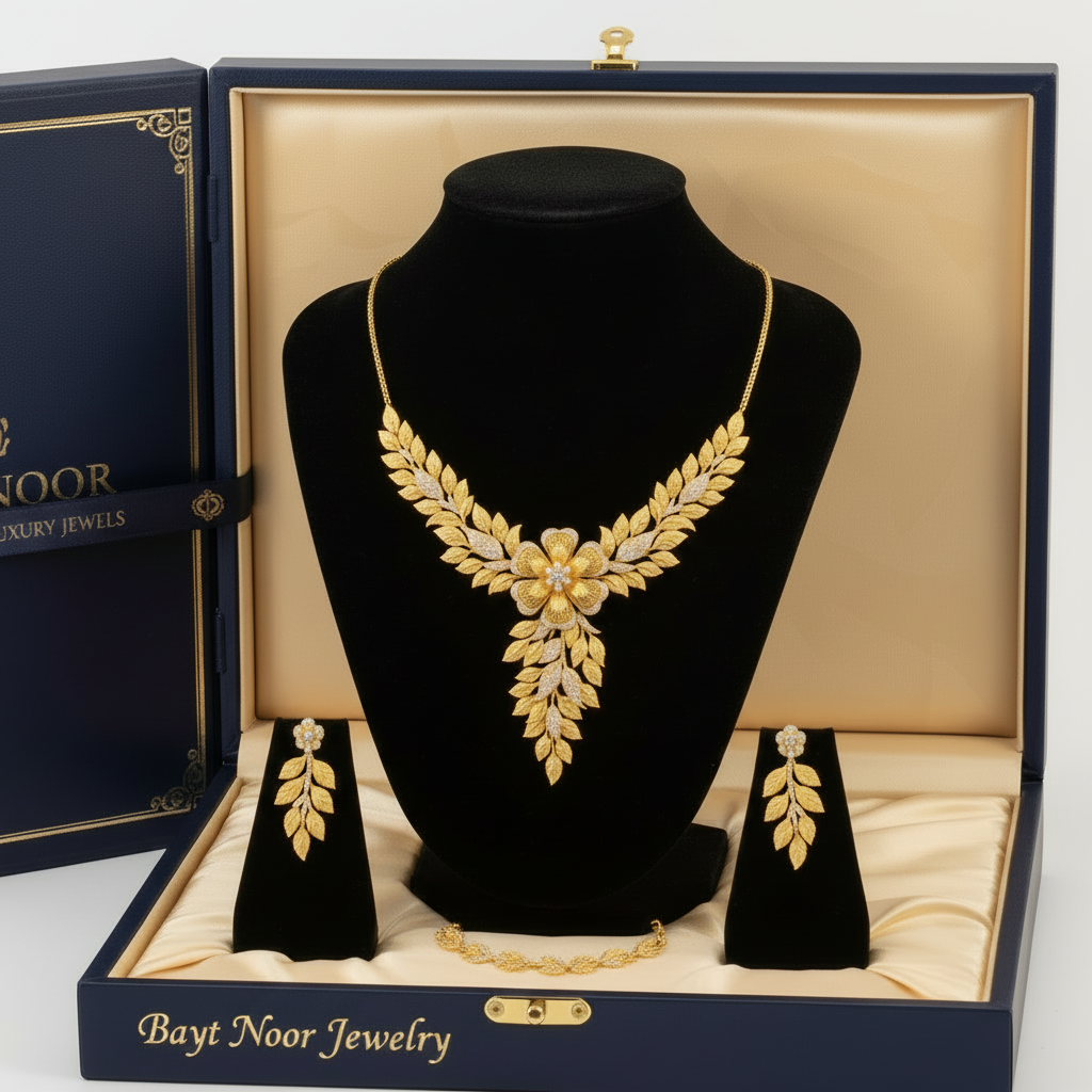 Mina Jewelry Set - 21k Gold Floral Leaf Necklace and Drop Earrings in Bayt Noor Gift Box