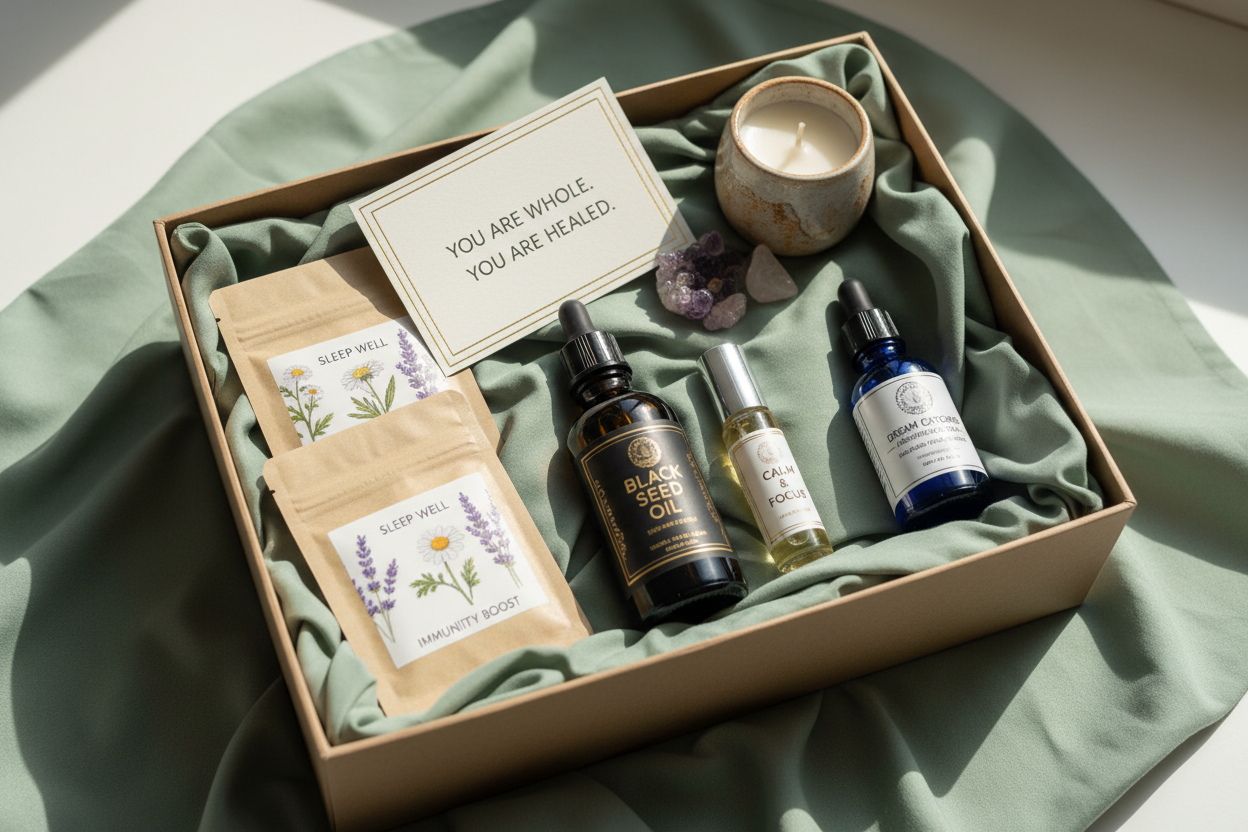 Get Well Soon Healing Gift Box with black seed oil, herbal tea, aromatherapy, crystals and affirmation card